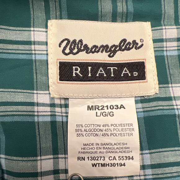 Wrangler Riata Mens Button Down Shirt Large Green Plaid Cotton Blend Western - Picture 3 of 8